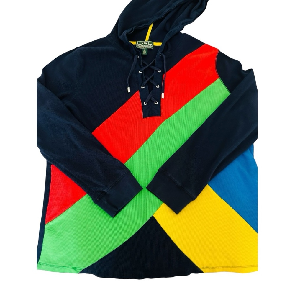 L-RL Ralph Lauren Active Color Block Waffle Knit Lace Front Hoodie Women 2X